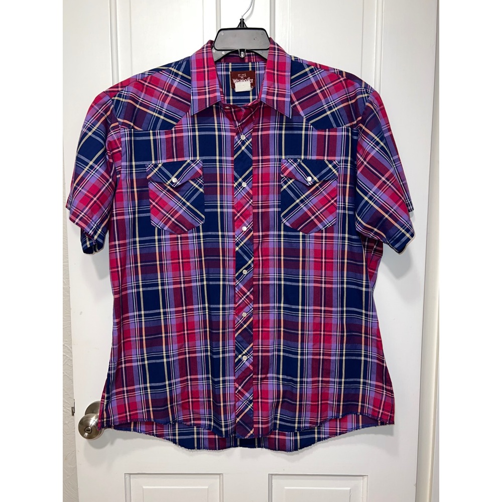 Vintage Wrangler Mens Western Snap Shirt XL Pink Purple Plaid Short Sleeve